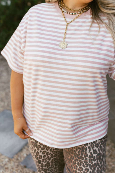 ピンクストライプ プラスサイズ 半袖 リラックスTシャツ