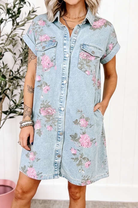 Taivaansininen farkkukukkakuvioinen hihansuussa oleva lyhythihainen napitettava mekko