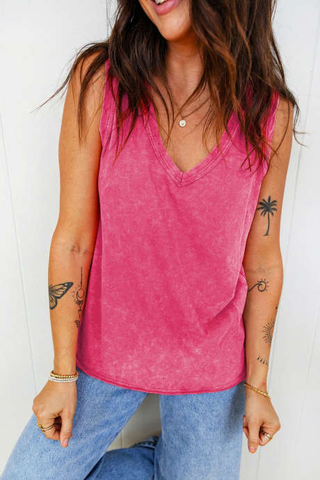 Rose Red Mineral Wash V Neck Tank Top