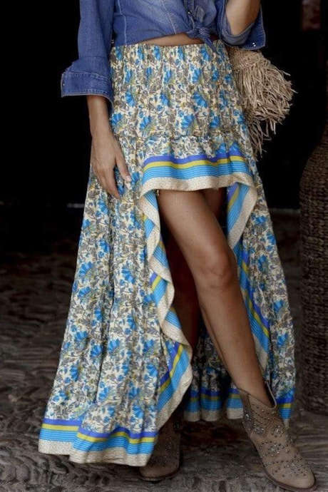 Himmelsblå Boho Blommigt Mönster Rynkad Midja Kontrastkant Hög-låg Maxikjol