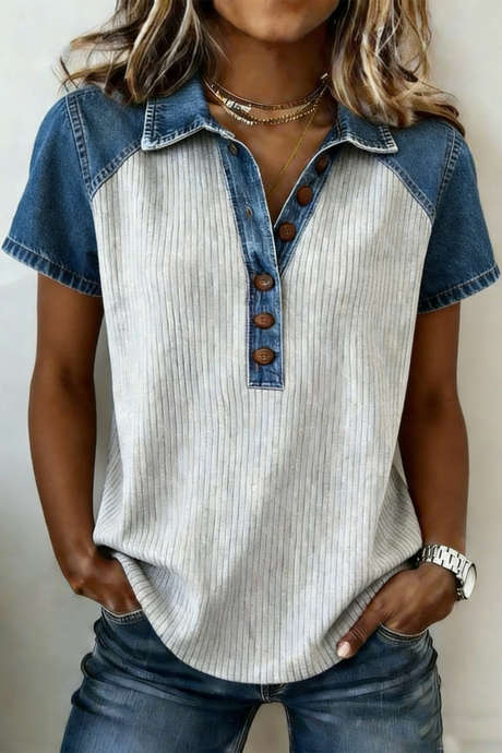 Light Grey Ribbed Denim Mixed Color Block Patchwork Short Sleeve Polo Top