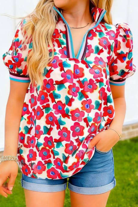 Red Floral Print Striped Trim Split Neck Short Sleeve Blouse