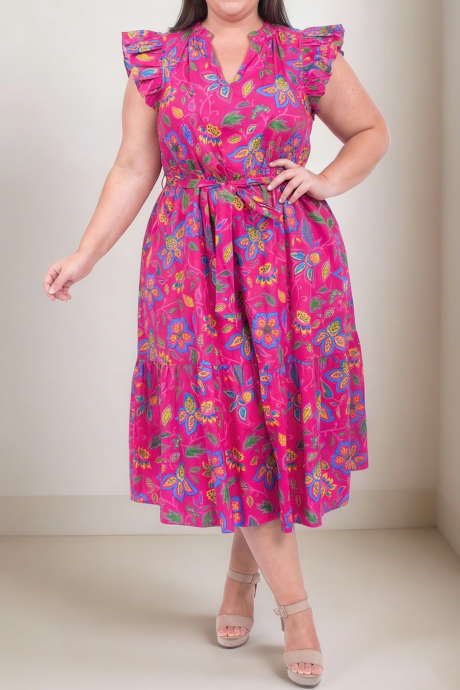 Sukienka midi z kwiatowym nadrukiem w kolorze róży plus size, z wycięciem przy szyi i bufiastymi rękawami, z paskiem