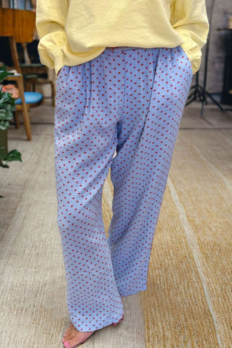 Nebesky modré kalhoty s vysokým pasem a rovným potiskem