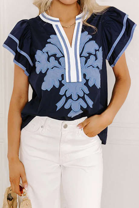 Dirty blue Embroidered Ruffled Short Sleeve Blouse