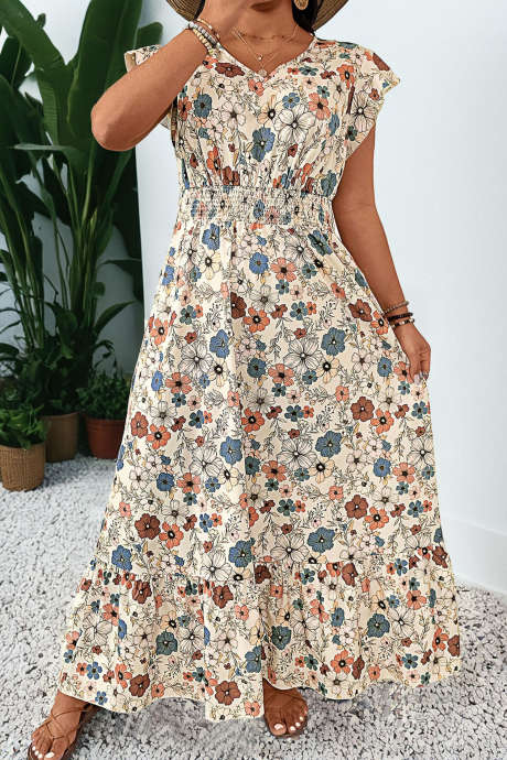 Beige Plus Size Floral Print V Neck Ruffle Trim Short Sleeve Maxi Dress