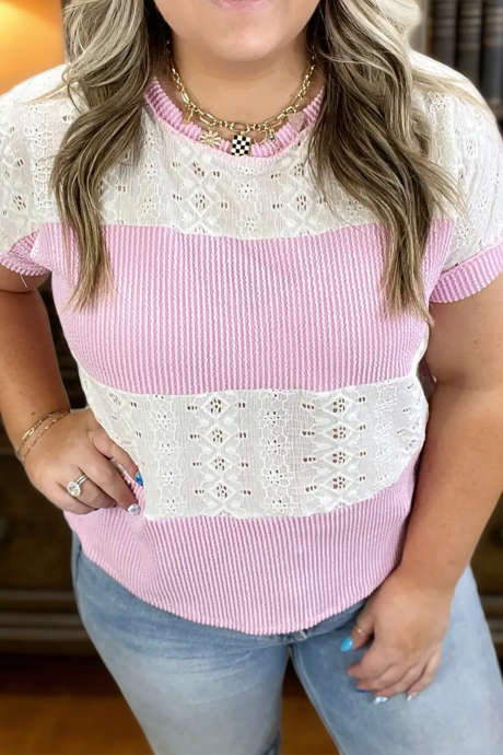 Light Pink Corded Rib Color Block Lace Patchwork Plus Size T Shirt
