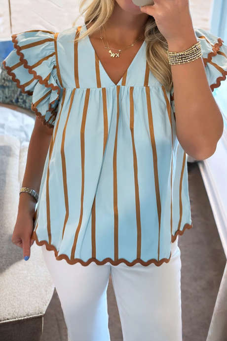 Sky Blue Stripe Ricrac Trim Double Ruffled Short Sleeve V Neck Blouse