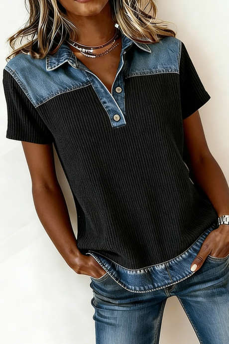 Black Ribbed Knit Denim Patchwork Polo Collar Tee