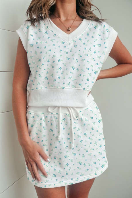 Sky Blue Dainty Floral Print V Neck Top Drawstring Mini Skirt 2pcs Outfit