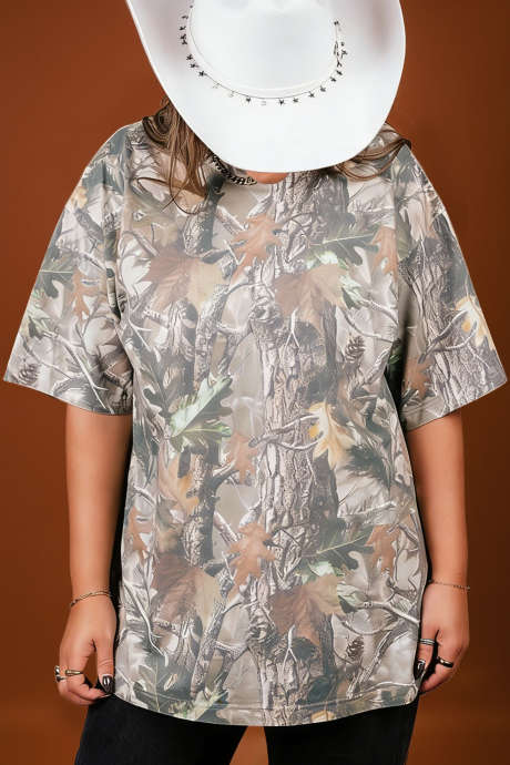 Khaki Retro Camouflage/Woodland Print Plus-koon T-paita