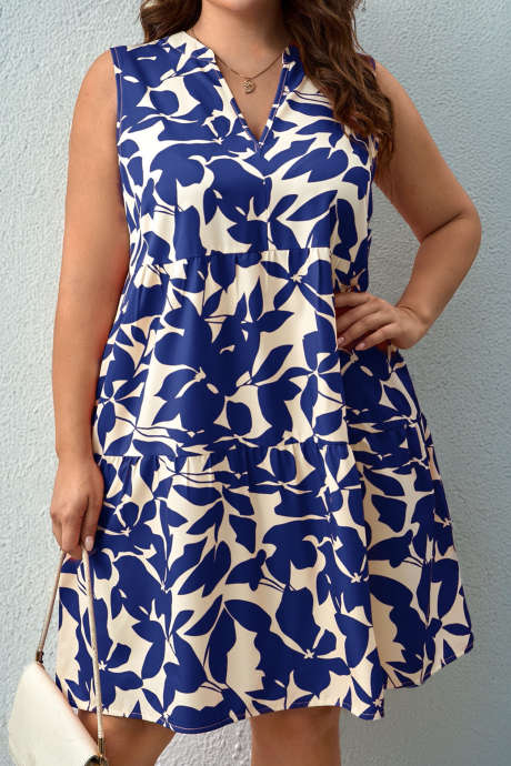 Sky Blue Plus Size Leafy Print Notched Neck Sleeveless A Line Dress
