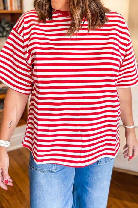 Red Stripe Ribbed Trim Round Neck Plus Size T Shirt