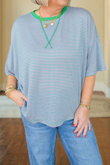 Green Stripe Contrast Trim Round Neck Crossed Seam Detail Plus Size T Shirt