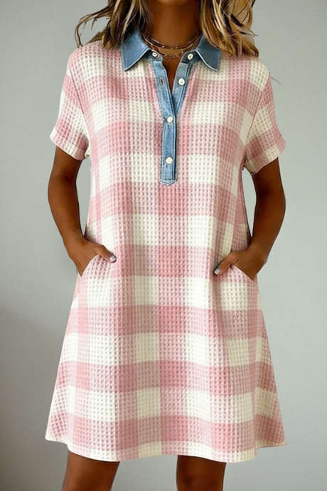 Roza karo potiskana kontrastna jeans majica srajce z ovratnikom in gumbi