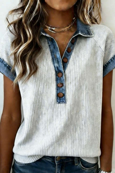 Light Grey Half Buttons Denim Patchwork Polo Collar Ribbed Short Sleeve Top