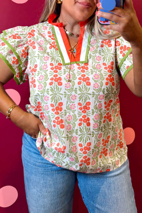 Multicolour Floral Print Flutter Sleeve Contrast Trim V Neck Blouse