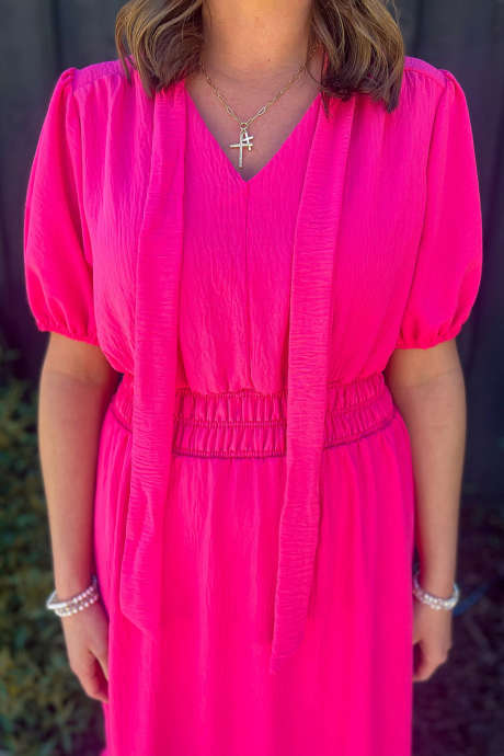 Rose Red Plus Size Solid Color V Neck Short Puff Sleeve Elastic Waist Dress