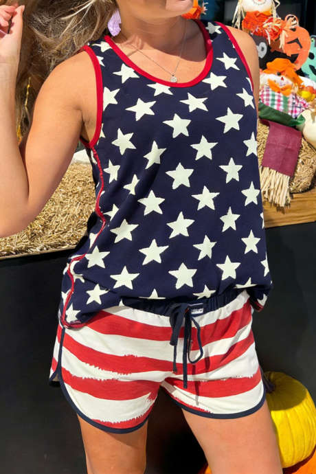 Blue Patriotic Star Tank Striped Shorts 2pcs Summer Outfit