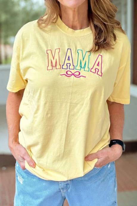 Żółta, kremowa, haftowana koszulka MAMA z kokardą na Dzień Matki