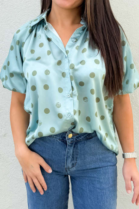 Koszula z krótkim rękawem bufiastym z jedwabiu w kolorze Moonlight Jade w kropki