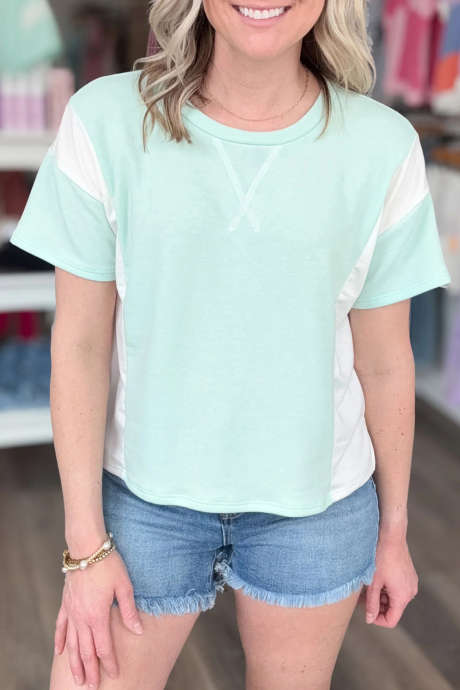 Clearly Aqua Color Block Detail Casual Summer Tee