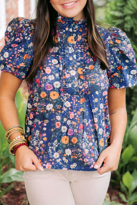 Blue Sunny Floral Print Half Button Pleated Short Sleeve Plus Blouse
