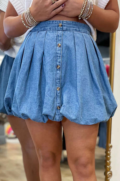 Myosotis Pleated Bubble Hem Denim Mini Skirt