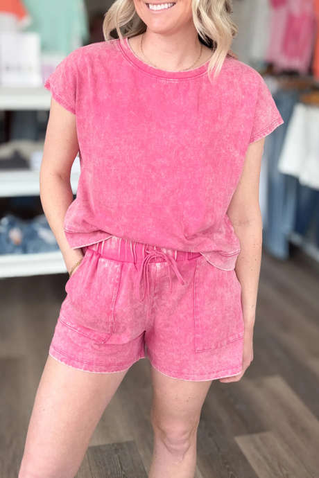 Strawberry Pink Mineral Wash Cap Sleeve Top Drawstring Shorts 2pcs Set