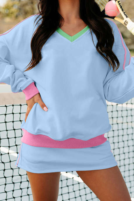 Sky Blue Ribbed Colorblock Trim V Neck Sporty Pullover Mini Skort 2pcs Athleisure Set
