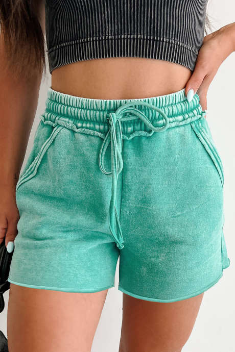 Sea Green Mineral Washed Drawstring Elastic Waist Raw Cut Shorts LC7311286-P409
