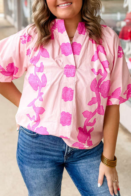 Pink Plus Size Dotty Floral Print V Neck Puff Sleeve Blouse