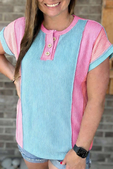 Mist Blue Twisted Ribbed Colorblock Patchwork Henley T Shirt