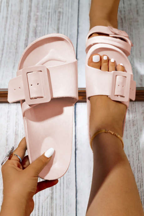Light Pink Retro Buckle Open Toe Casual Slippers