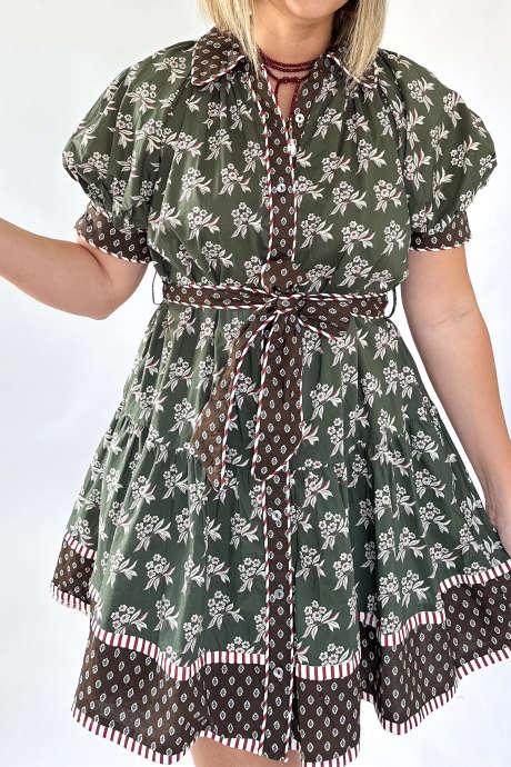 Green Plus Size Floral Print Contrast Trim Patchwork Belted Button Down Mini Dress