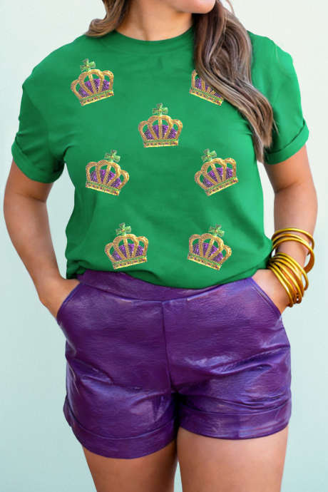 T-shirt à manches retroussées avec couronne de Mardi Gras à paillettes vert vif LC25231092-P109
