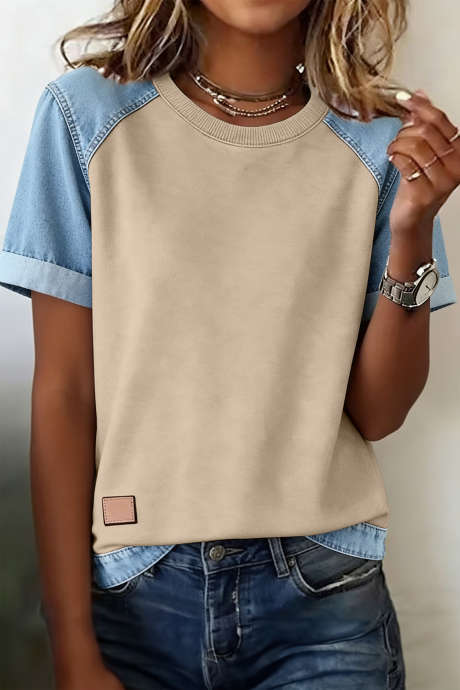 Parchment Denim -värinen tilkkutäkki pyöreäkauluksinen t-paita
