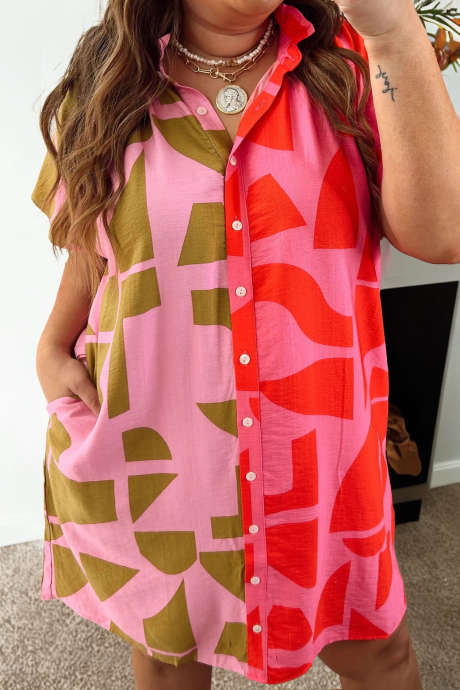 Rose Plus Size Geometric Printed Color Block Button Down Short Sleeve Shirt