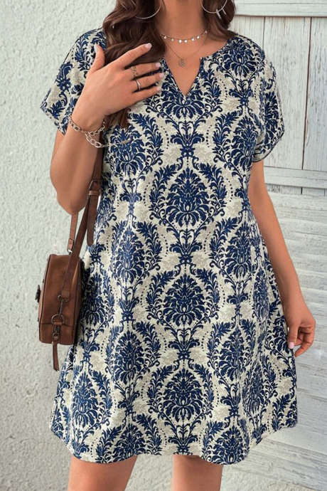 Sky Blue Plus Size Ethnic Allover Print Notched Neck Mini Dress