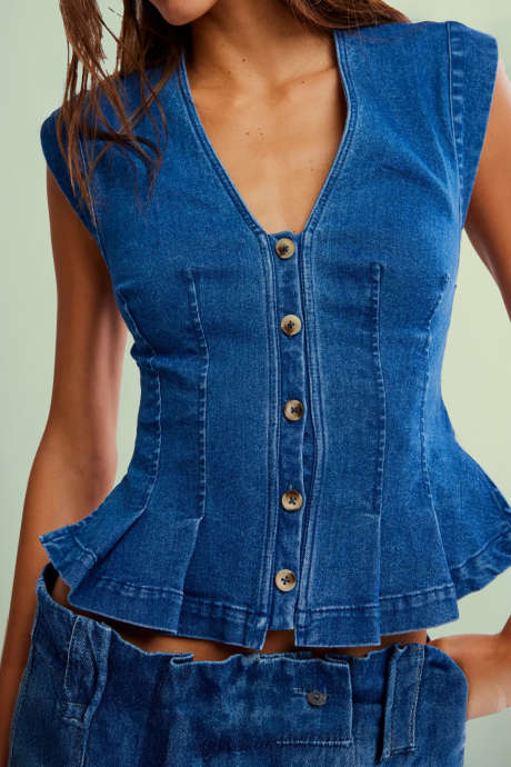 Sail Blue V Neck Button Front Pleated Ruffle Hem Denim Tank Top