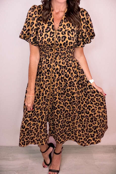 Khaki Leopard V Neck Zip Up Short Puff Sleeve Flared Midi Dress