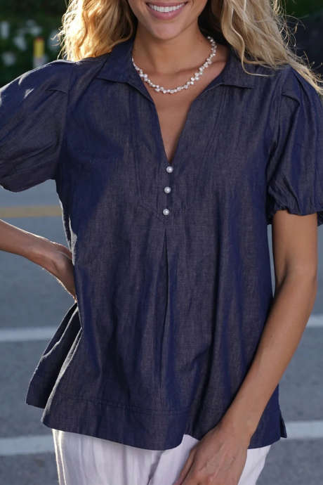 Dirty blue Collar V Neck Pearl Button Short Sleeve Lightweight Denim Blouse