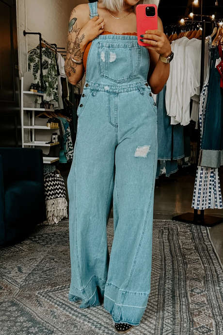 Mist Blue Retro Distressed Button Adjustable Straps Denim Overall Jumpsuit