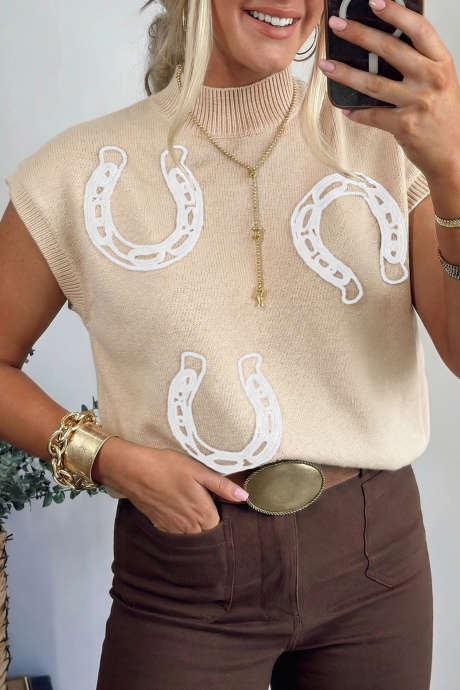 Morelowy sweter z krótkim rękawem i okrągłym dekoltem w kształcie podków, ściągaczem i prążkowanym wykończeniem