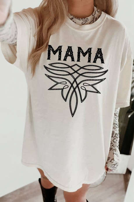 White MAMA Western Pattern Loose Tunic Tee
