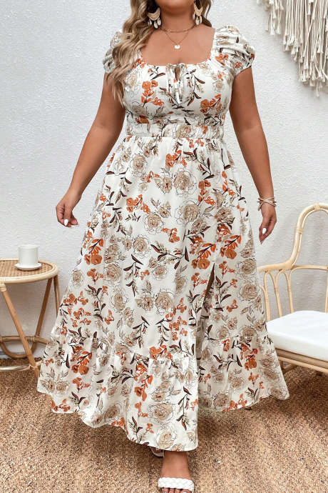 Morelowa sukienka maxi z bufiastymi rękawami i podwyższonym stanem w kwiaty w dużym rozmiarze