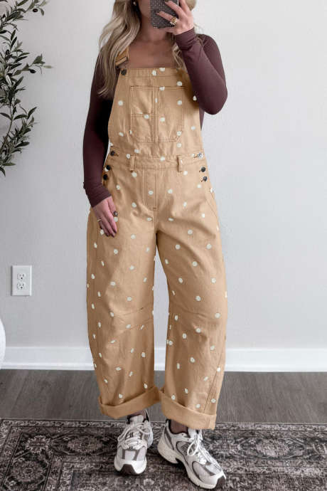 Light French Beige Polka Dot Print Bib Pocket Denim Barrel Overalls Jumpsuit