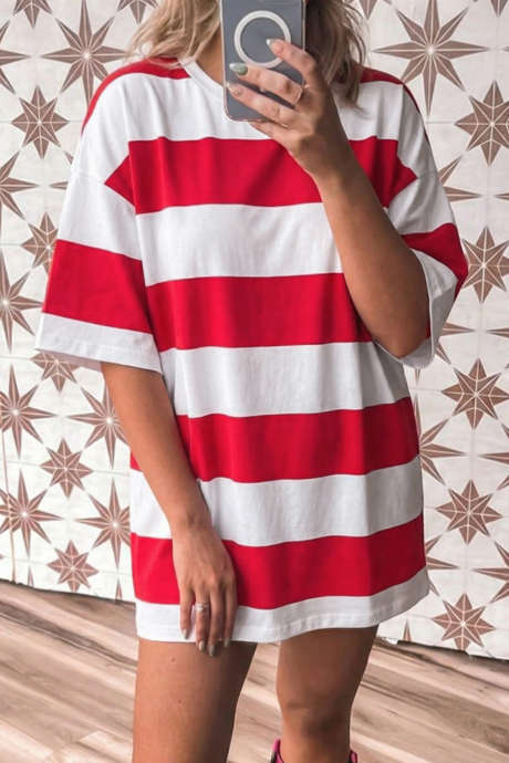 Racing Red Striped Color Block Oversize Tunic Tee LC25230714-P603