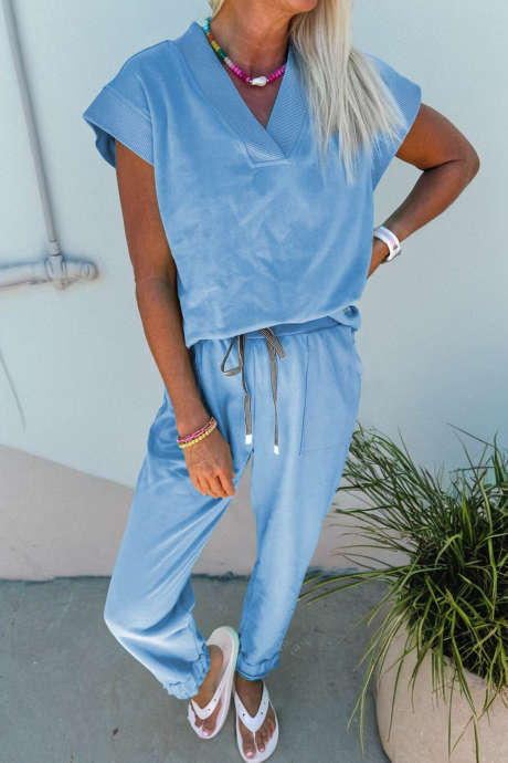 Beau Blue Solid Color V Neck Tee Drawstring Pant Set