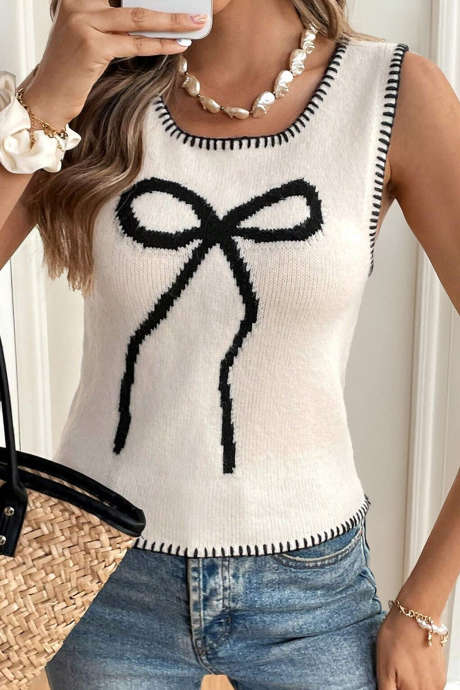 Jet Stream -kontrastireunus, pyöreä kaula-aukko, hihaton rusettikoristeinen rento neuleliivi